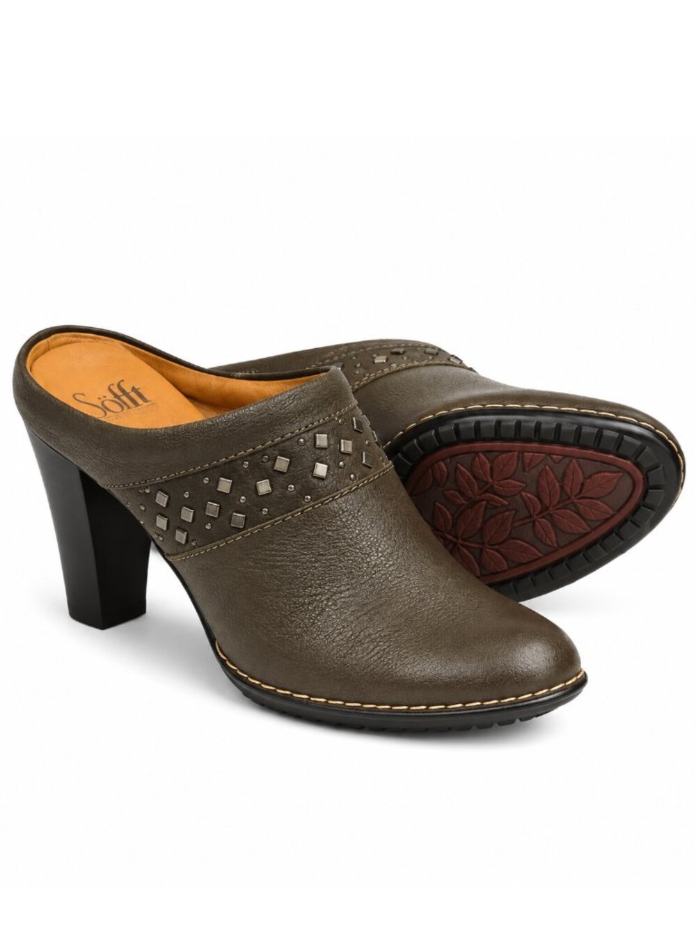 Söfft Soleil Leather Studded Heeled Mule Clogs Size 8.5 Medium Slip On